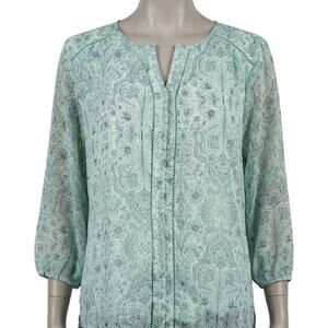 St Johns Bay Blouse Women 0X Green Floral Ruched 3/4 Sleeve Boho Hippie Tunic
